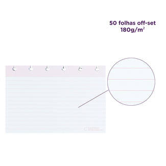 Detalhes das fichas pautadas: 50 folhas off-set, 180 gramas por metro quadrado.