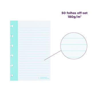 Detalhes das fichas pautadas verticais: 50 folhas off-set, 180 gramas por metro quadrado.